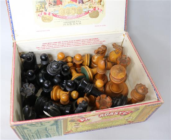 A Jaques Staunton boxwood and ebony chess set, knights and rooks stamped with a crown and the white king kings 8.5cm